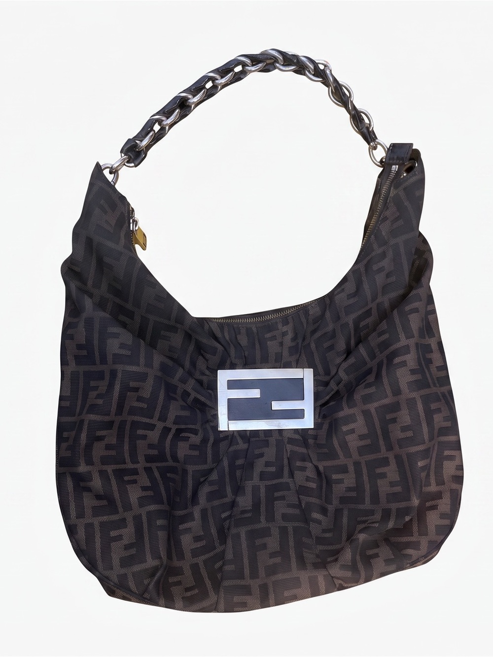 Fendi Mia Monogram Canvas Hobo with Chain Strap and Silver Plaque